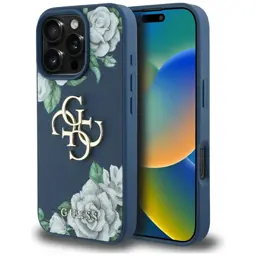 Etui do iPhone 16 Pro Guess Grained Roses Big 4G Niebieskie