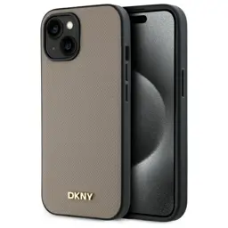 Etui do iPhone 15 DKNY Grained Metal Logo MagSafe Beżowe